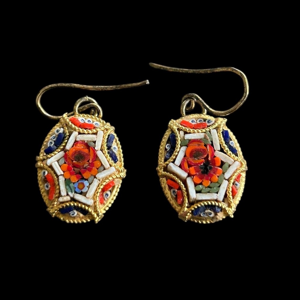 VTG Multicolor Floral Mosaic Drop Dangle Earrings Oval 1 Inch Fishhook Patriotic